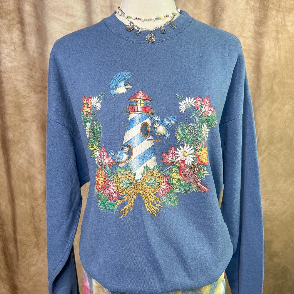 Vintage Lighthouse Sweater 90s Floral Bird Crewneck Sweatshirt Blue Cottagecore